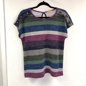 Lavish striped button shoulder top with drop sleeves, size medium